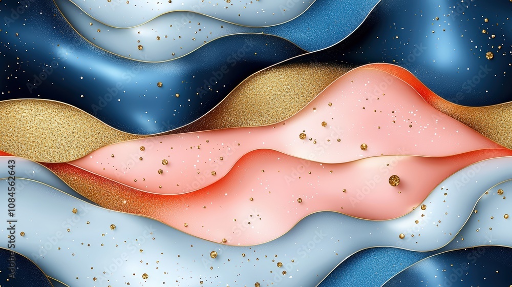 Abstract waves of blue, gold, and pink with glitter accents in luxurious design Abstract waves of blue, gold, and pink with glitter accents in luxurious design