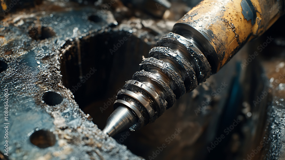 Using an industrial drilling machine, a metal drill bit creates holes in steel billet, Metal work industry, tool with multiple cuts and end mill Using an industrial drilling machine, a metal drill bit creates holes in steel billet, Metal work industry, tool with multiple cuts and end mill