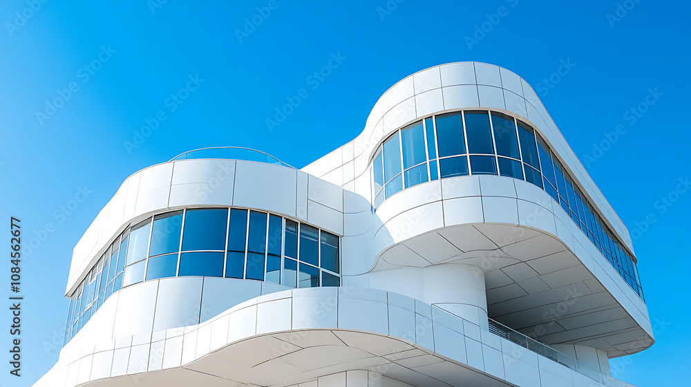 Fototapeta premium Modern architecture, white building with geometric shapes and windows, clear blue sky in the background