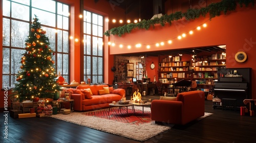 Wallpaper Mural Cozy Christmas Living Room with a Decorated Tree, Festive Lights, Fireplace, and Warm Seating, Concept of Holiday Comfort and Seasonal Cheer Torontodigital.ca