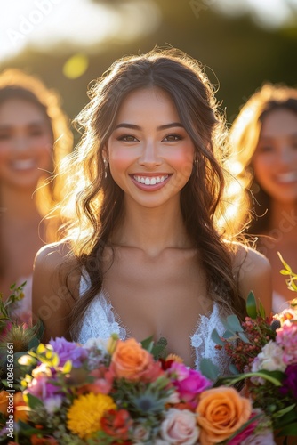 A joyful bride surrounded by her bridesmaids holds a vibrant bouquet at sunse...