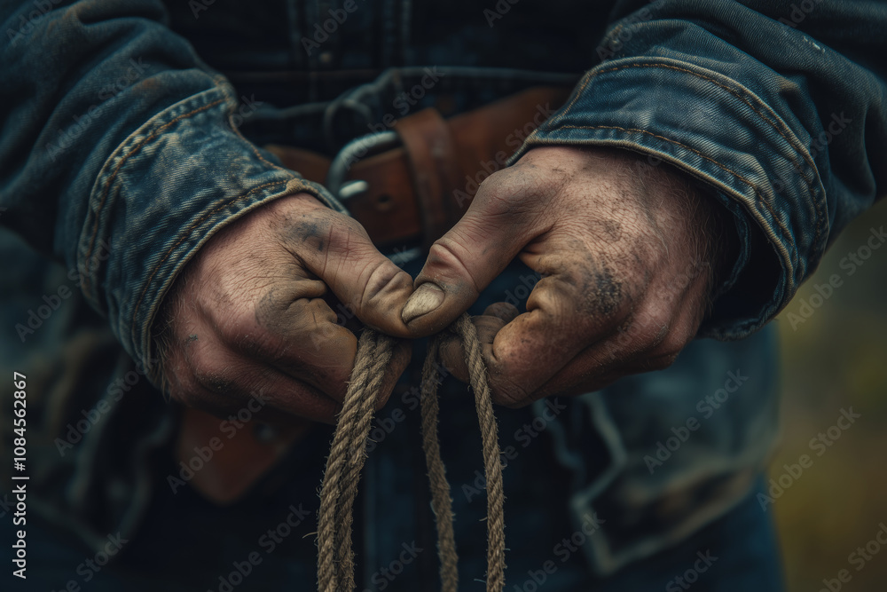 Mastering the art of lasso tying by a skilled cowboy in the open range Mastering the art of lasso tying by a skilled cowboy in the open range