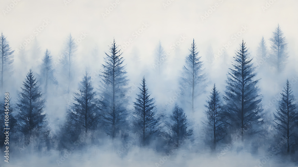 Pattern of a misty pine forest, with each tree in soft shades of blue and grey against a white background The trees form an ethereal border along the edge Pattern of a misty pine forest, with each tree in soft shades of blue and grey against a white background The trees form an ethereal border along the edge