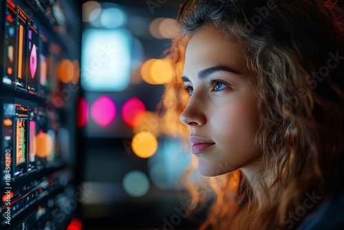 Young woman focused on coding at a computer in a vibrant city at night