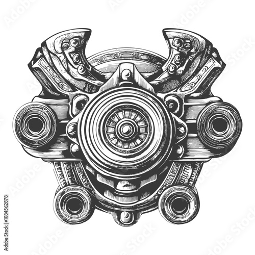 Hand drawn Illustration of a Complex Circular Mechanical Device
