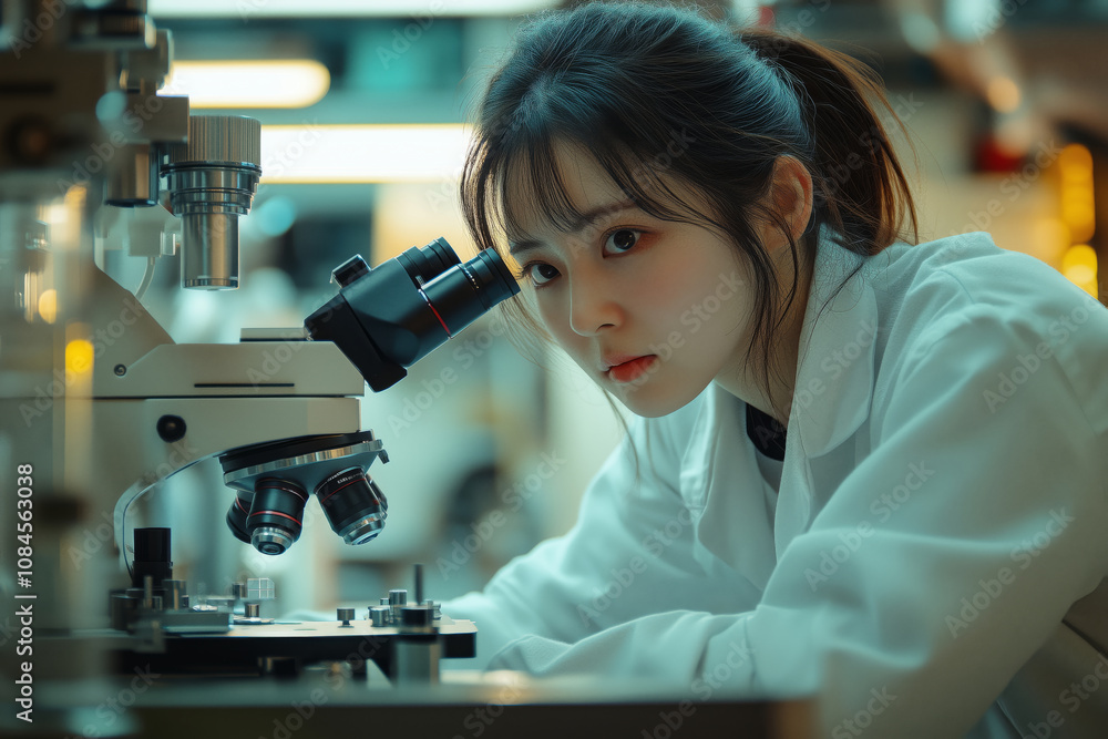 Female engineer examining samples under a microscope in a modern laboratory Female engineer examining samples under a microscope in a modern laboratory