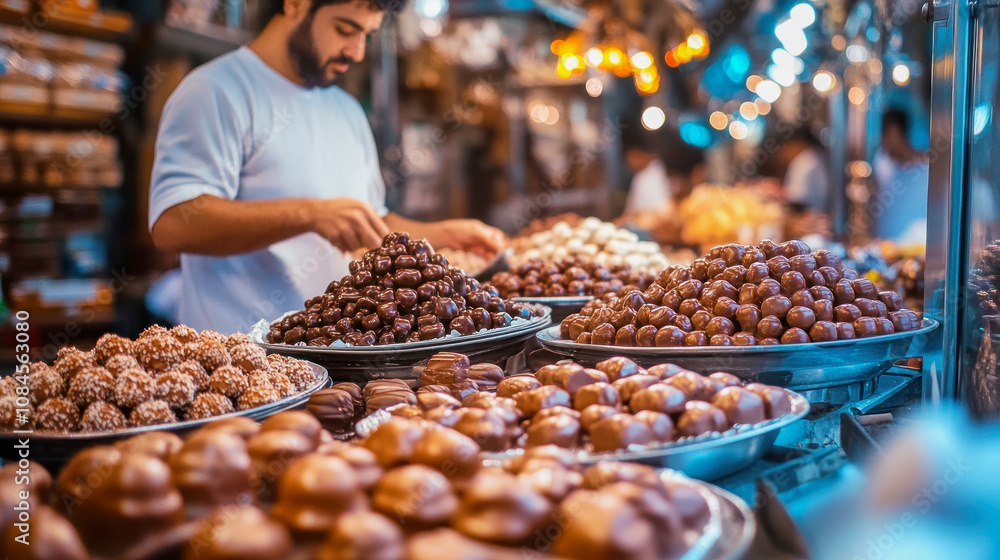 A vendor arranging assorted chocolates at an oriental market during the day. Generative AI A vendor arranging assorted chocolates at an oriental market during the day. Generative AI