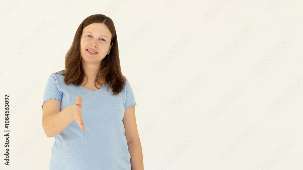 Confident european woman, stretch out hand for handshake and greeting gesture, saying hello, introduce herself, standing over white background. Confident european woman, stretch out hand for handshake and greeting gesture, saying hello, introduce herself, standing over white background.