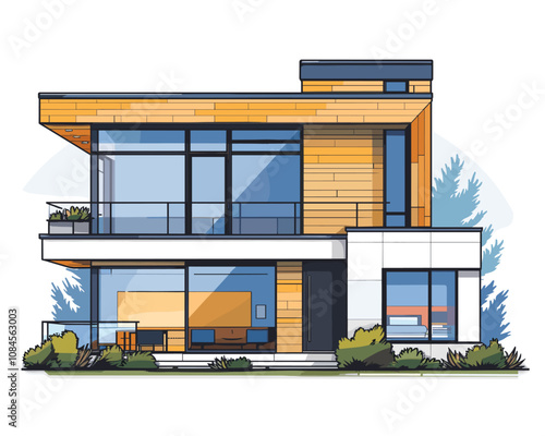 Large, modern house with a lot of windows and a balcony. The house is painted in a bright yellow color, giving it a warm and inviting feel. The windows let in plenty of natural light