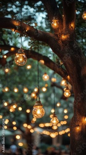 Twinkling fairy lights hanging from tree branches during twilight in a serene...
