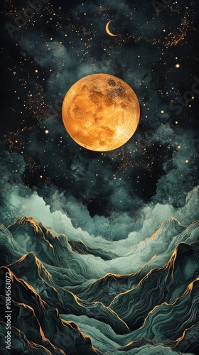 A glowing full moon rises over mystical mountains under a starlit sky in deep...
