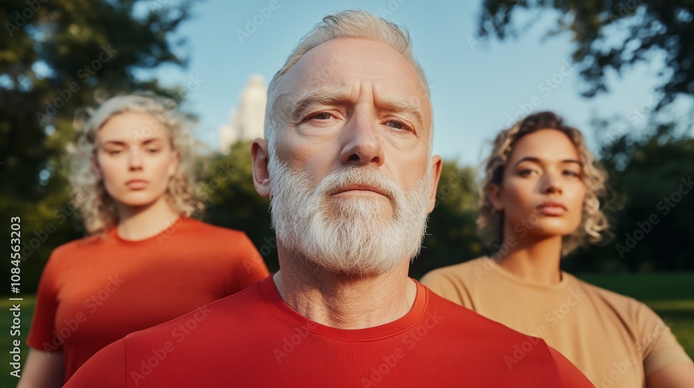 Confident Mature Leader Standing with a Diverse Team Outdoors, Concept of Leadership, Strength, and Teamwork Confident Mature Leader Standing with a Diverse Team Outdoors, Concept of Leadership, Strength, and Teamwork