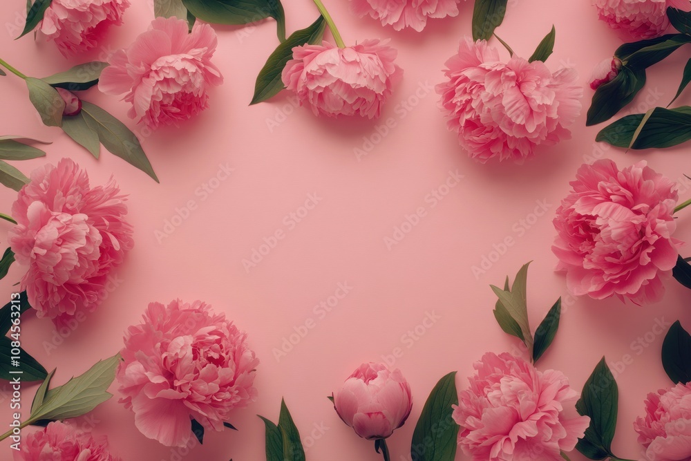 A beautiful arrangement of pink peonies on a soft pink background, creating a floral frame. A beautiful arrangement of pink peonies on a soft pink background, creating a floral frame.