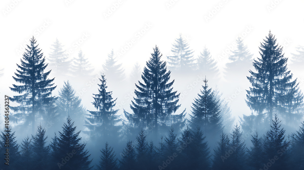 Pattern of a misty pine forest, with each tree in soft shades of blue and grey against a white background The trees form an ethereal border along the edge Pattern of a misty pine forest, with each tree in soft shades of blue and grey against a white background The trees form an ethereal border along the edge
