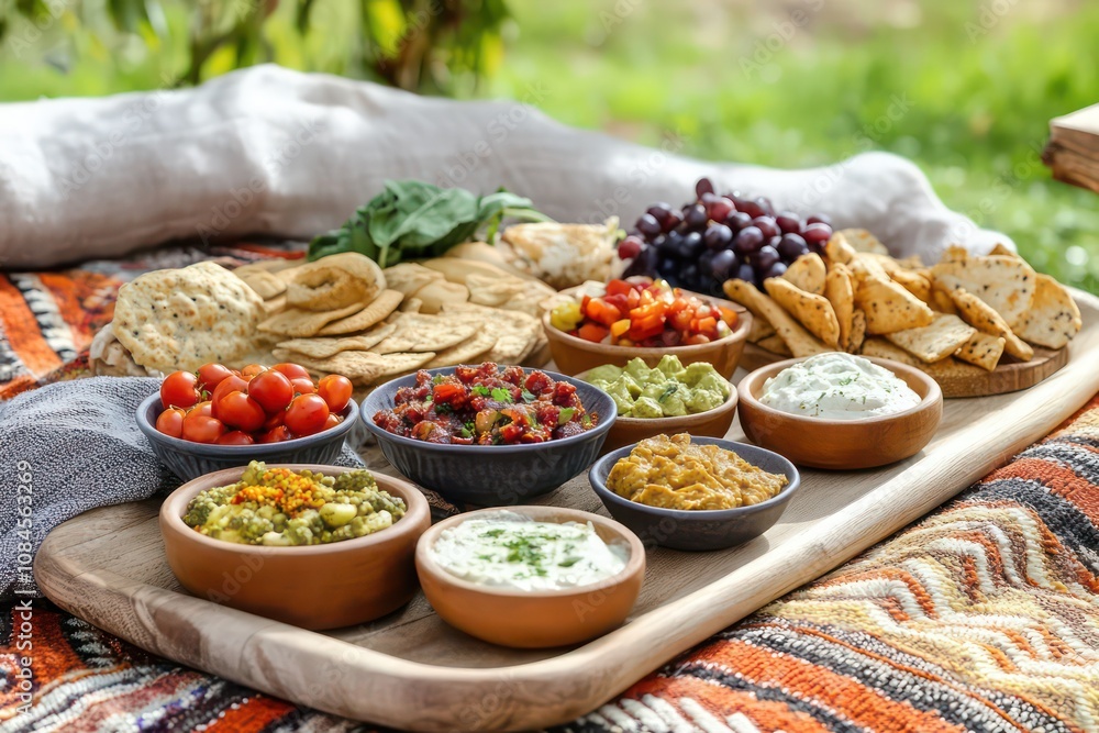 A picnic blanket spread with vegan snacks and dips. A picnic blanket spread with vegan snacks and dips.