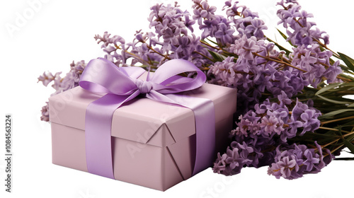 A delicate lilac gift box filled with aromatic lavender flowers for a calming gift experience, isolated on transparent background. photo