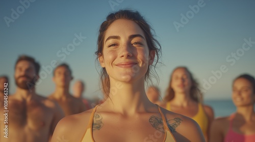 Smiling Woman Leading a Group Outdoors at Sunset, Concept of Positivity, Teamwork, and a Healthy Lifestyle photo