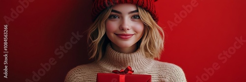 A smiling young woman in a red hat holding a holiday gift against a festive r...