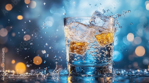 Photo of a refreshing glass of soda with ice cubes splashing on a light blue background.