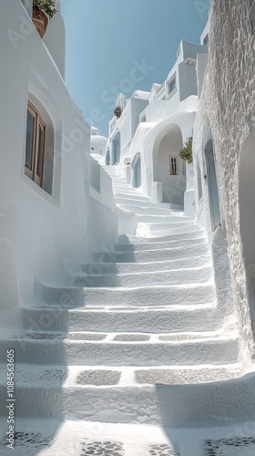 Whitewashed steps leading to a quaint entrance in a coastal village under cle...