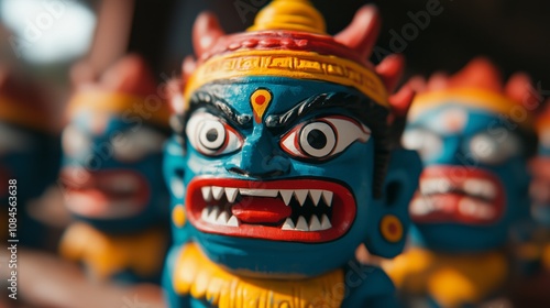 Close-Up of Vibrantly Colored Demon Figurines with Fierce Expressions, Showcasing Mythological and Artistic Craftsmanship photo