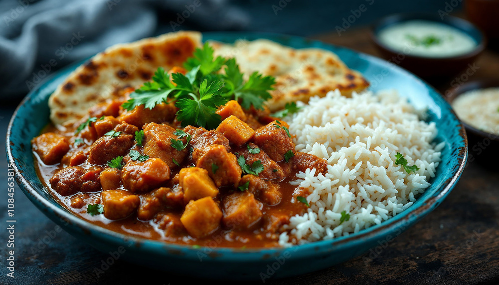 A colorful plate of curry with rice and naan served on a rustic table in a cozy setting, showcasing natural textures and vibrant ingredients A colorful plate of curry with rice and naan served on a rustic table in a cozy setting, showcasing natural textures and vibrant ingredients