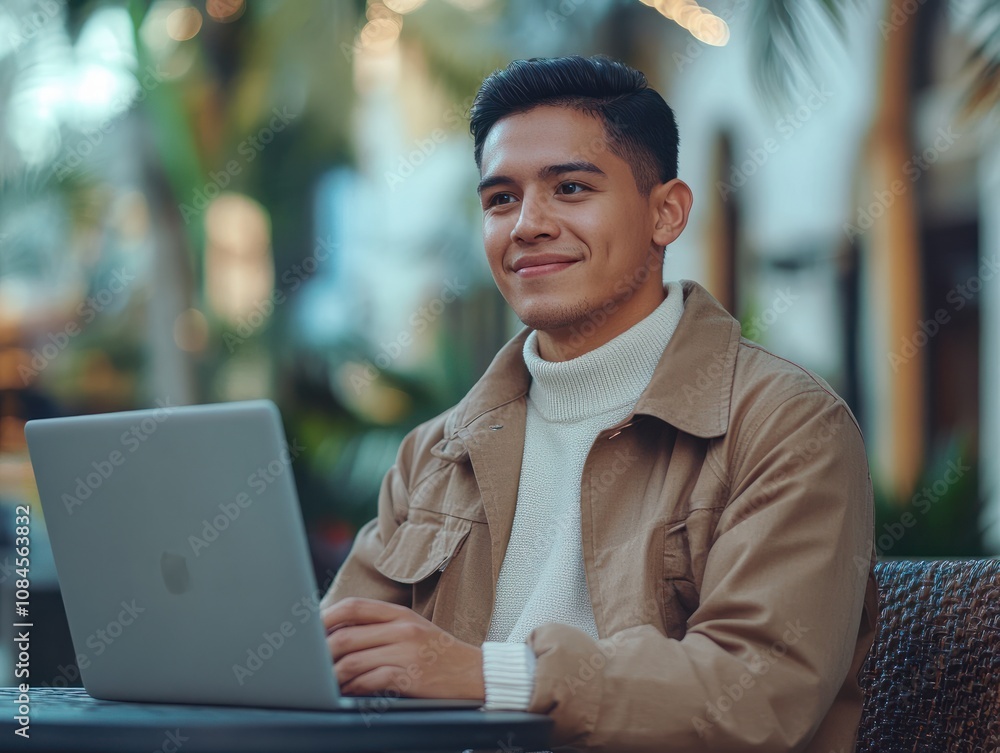 Smiling young Latin business man using laptop sitting outdoor. Happy guy student or professional looking away in city cafe elearning, hybrid working, searching job online thinking, Generative AI Smiling young Latin business man using laptop sitting outdoor. Happy guy student or professional looking away in city cafe elearning, hybrid working, searching job online thinking, Generative AI