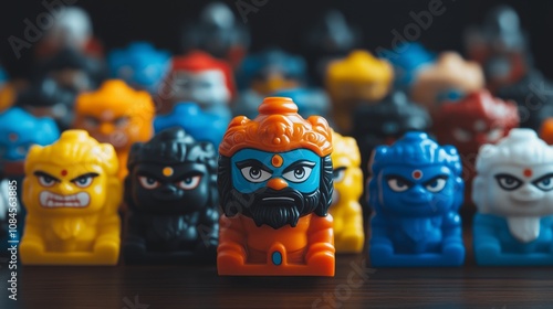 Colorful Collection of Fantasy-Themed Miniature Figurines Featuring Mythical Characters and Warriors Arranged on a Dark Surface photo