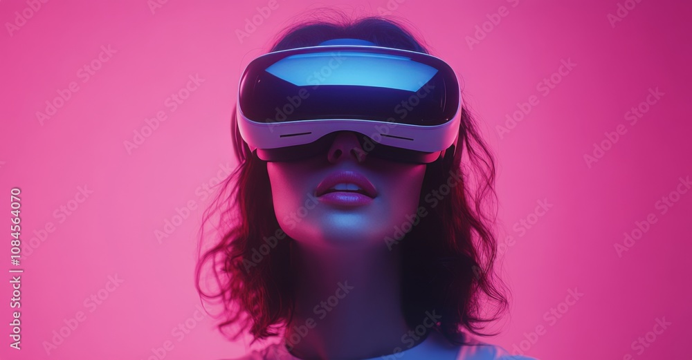 Young woman enjoys virtual reality experience while smiling against a pink background Young woman enjoys virtual reality experience while smiling against a pink background