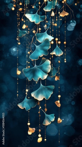 Elegant hanging ginkgo leaves with glowing orbs in a misty dark background