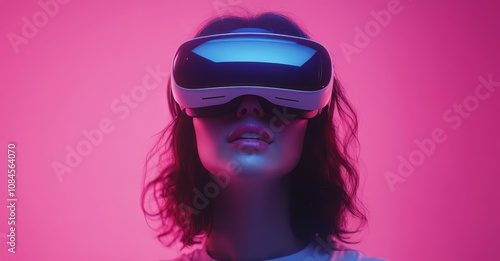 Young woman enjoys virtual reality experience while smiling against a pink ba...