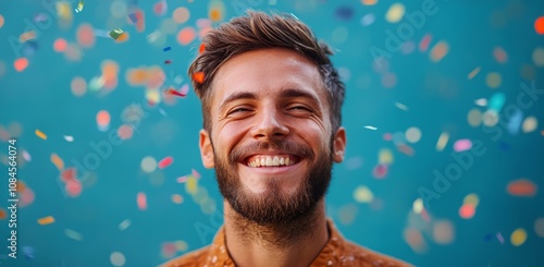 Happy man smiling in vibrant setting with colorful confetti during celebratio...