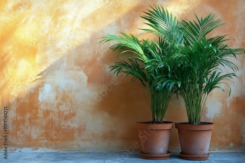 Green potted plants on a textured gray wall in a modern indoor setting