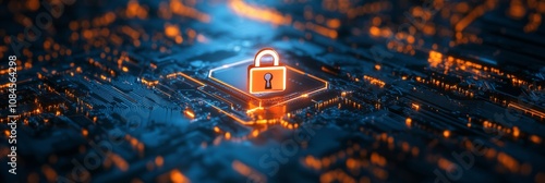 High tech circuit board with glowing elements illustrating digital innovation...