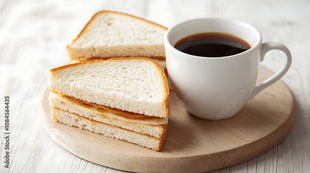 White cup with coffee, sandwiches, on a light wooden board White cup with coffee, sandwiches, on a light wooden board