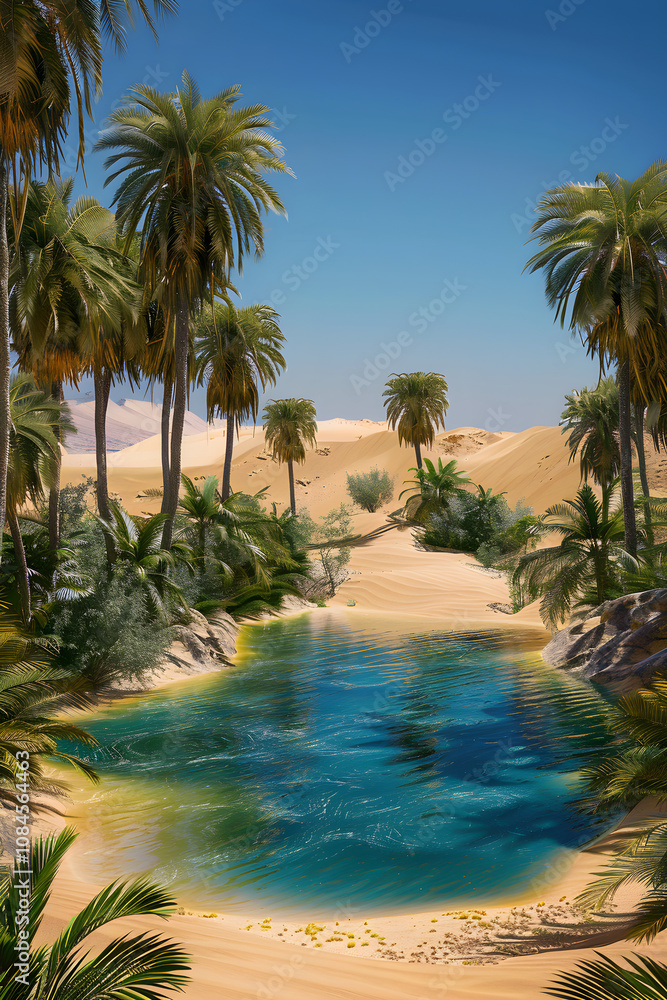 Serene Oasis: Lush Palm Trees and Crystal-Clear Pool in Expansive Desert Serene Oasis: Lush Palm Trees and Crystal-Clear Pool in Expansive Desert