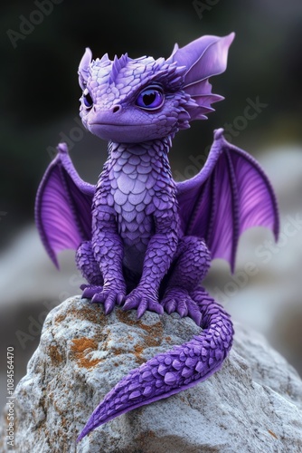 A purple dragon like creature perched on a rock in an outdoor natural setting...