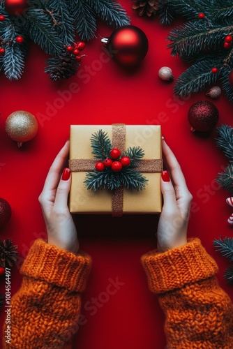 Two hands hold a neatly wrapped Christmas gift adorned with a red ribbon