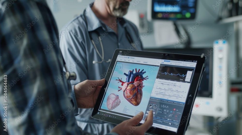 Cardiologist Explaining Heart Valve Replacement Surgery with Digital Tablet in Medical Consultation Cardiologist Explaining Heart Valve Replacement Surgery with Digital Tablet in Medical Consultation