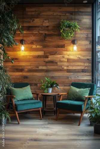 Cozy seating area with plants and warm lighting in a modern interior design s...