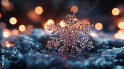Delicate snowflake resting on a surface of shimmering ice crystals with a war...