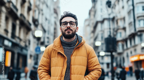 Man with beard and glasses wearing a yellow jacket standing on a city street lined with tall buildings and blurred background. photo