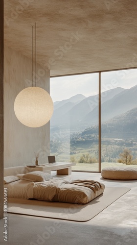 A serene bedroom with a breathtaking mountain view and minimalist design in n...