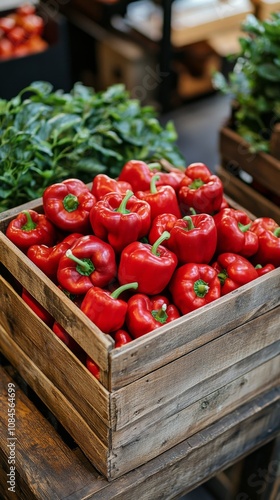 Fresh red bell peppers stacked in wooden crates at a vibrant market during da...