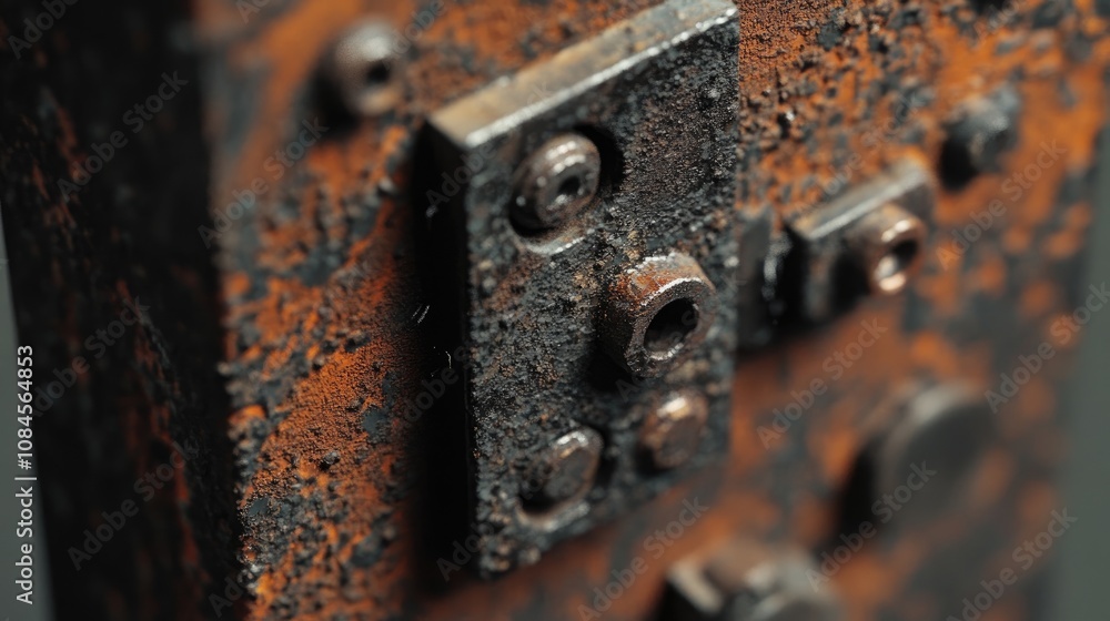 Close-up photo of a rusty industrial locking mechanism with weathered metal surface and corrosion. Close-up photo of a rusty industrial locking mechanism with weathered metal surface and corrosion.
