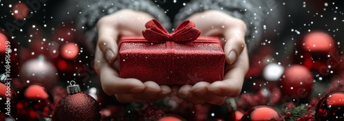 A person holds a red gift box surrounded by festive decorations in a holiday ...