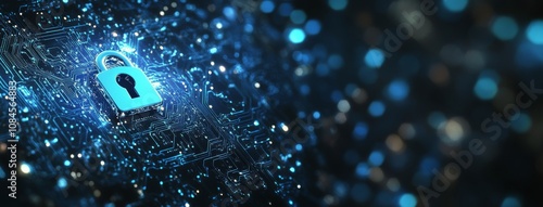 A golden padlock resting on a circuit board glowing with blue and orange ligh...