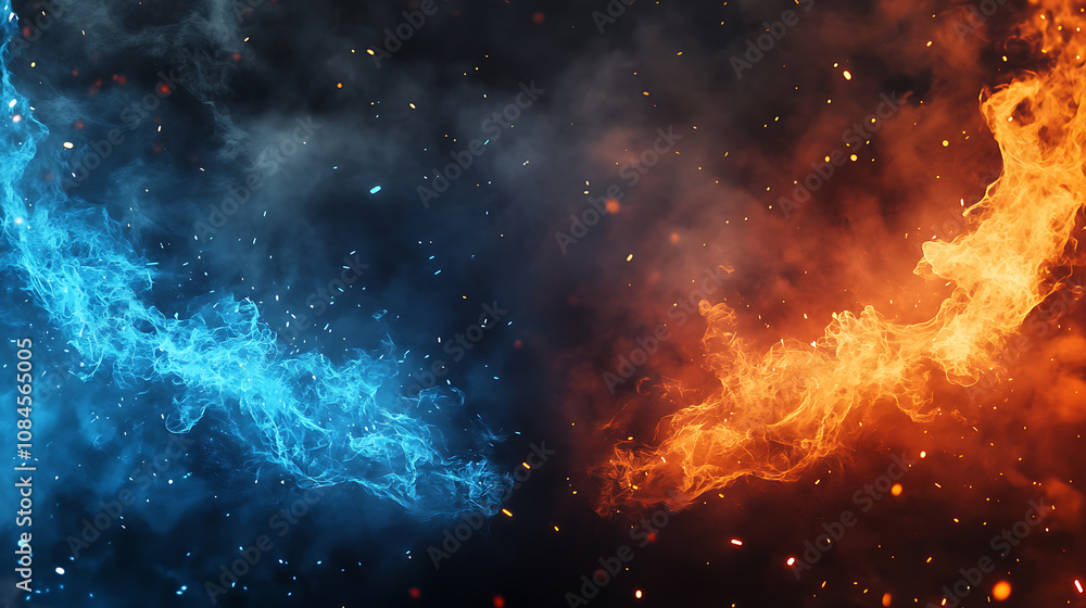 Obraz premium A dynamic versus background for sports games, matches, and tournaments featuring blue and orange flames with sparks
