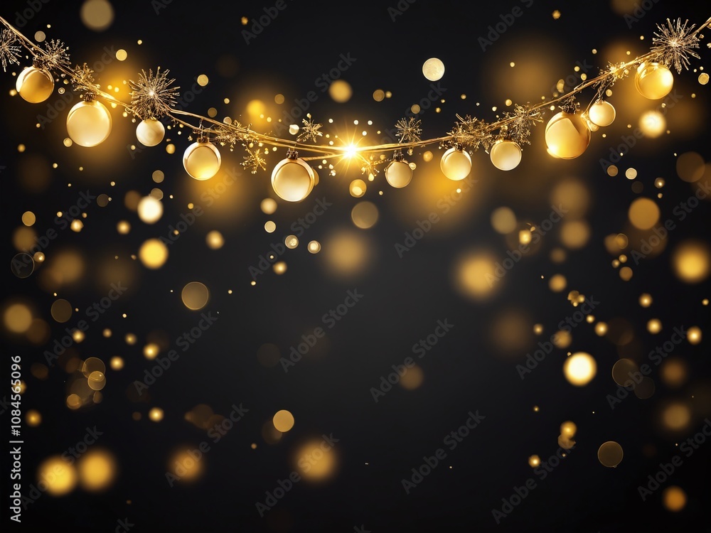 Obraz premium Golden holiday decorations with sparkling lights and shimmering orbs creating a festive atmosphere during the winter season. New Year and Christmas.