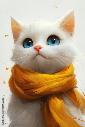Adorable white cat wearing a bright yellow scarf with striking blue eyes
